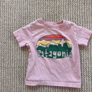 Patagonia Pink Short Sleeve Tee with Colorful Mountain Graphic